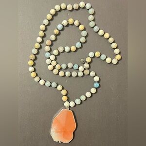 Hand-Knotted Amazonite Necklace with Gold Rimmed Sunstone Pendant